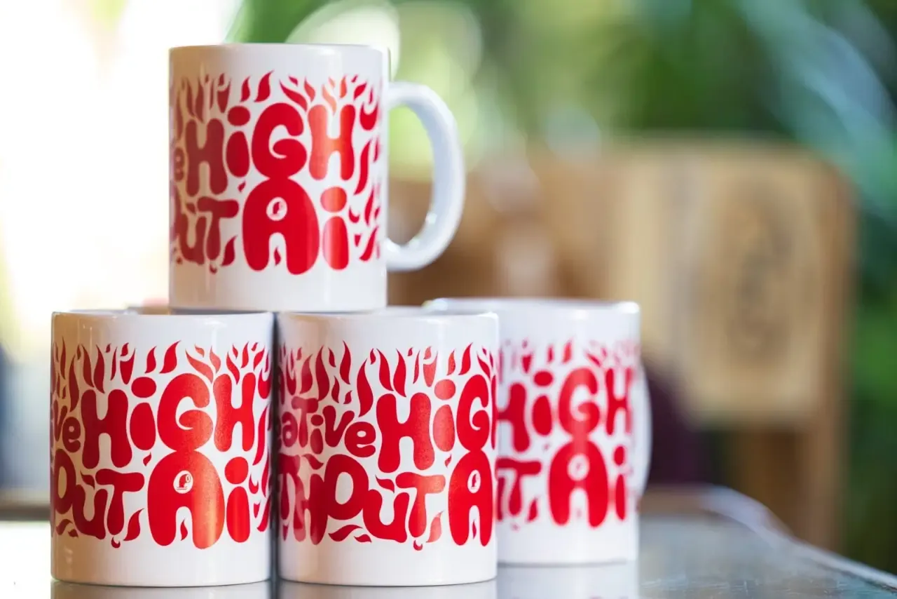 A photo of the coffee mugs from beyond tellerrand Berlin 2023. You see four white coffee mugs with red lettering in front of a blurry background. The lettering states “A creative high without AI”.