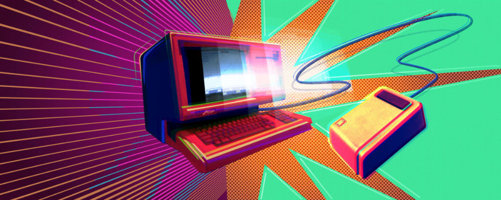 A colourful header of Matthias’ newsletter. Violett and pink colour on the left side of the background and green background on the right side with an orange star behind an illustration of a personal computer.