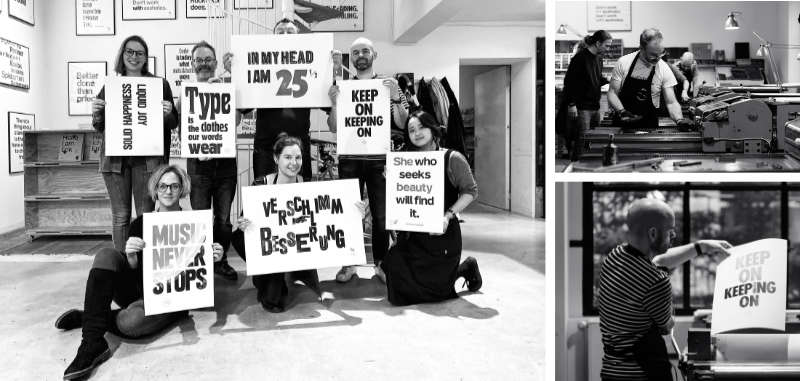 A collage of photos showing the people working on the letter press machines and with their final results.