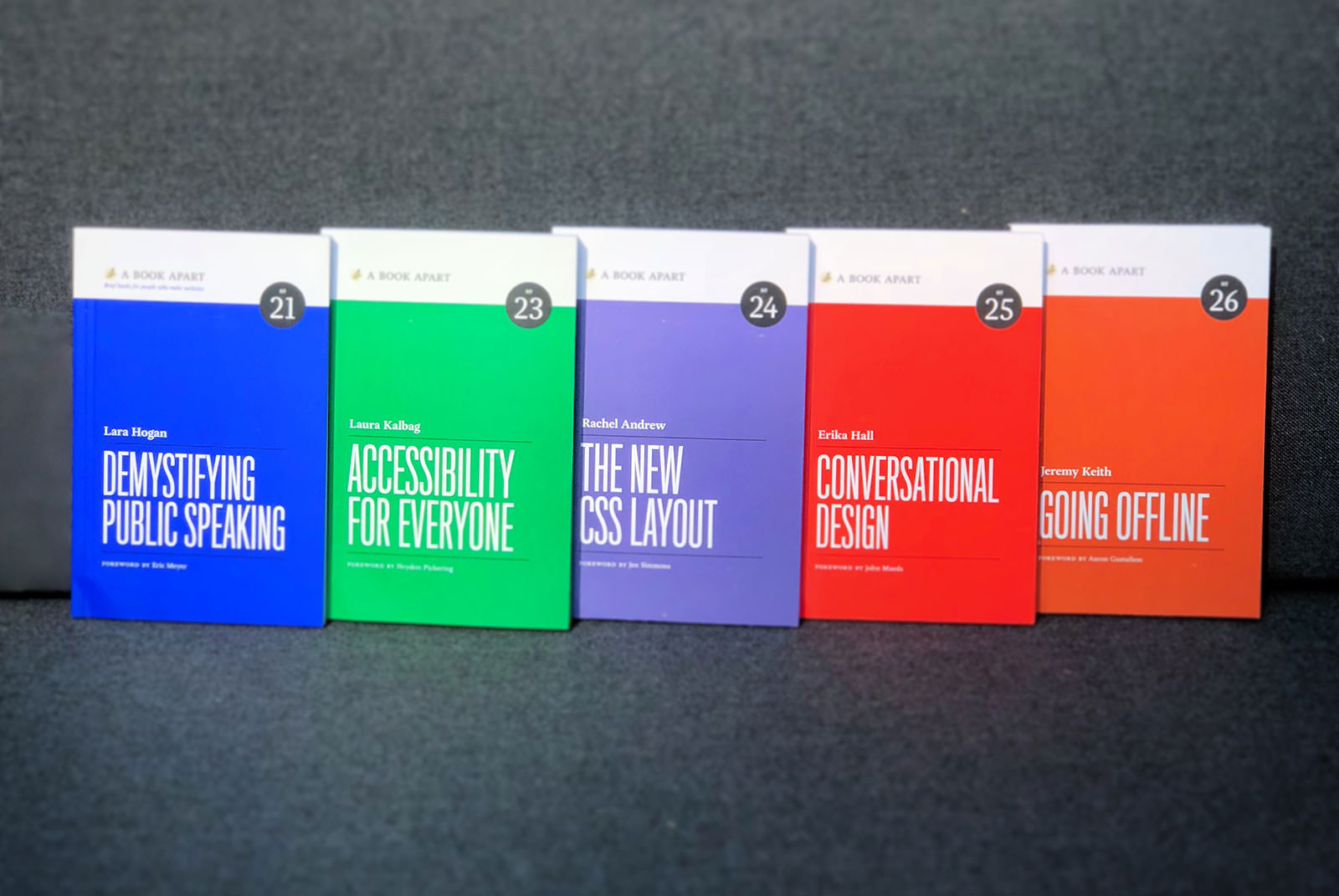 Photo showing five books by A Book Apart