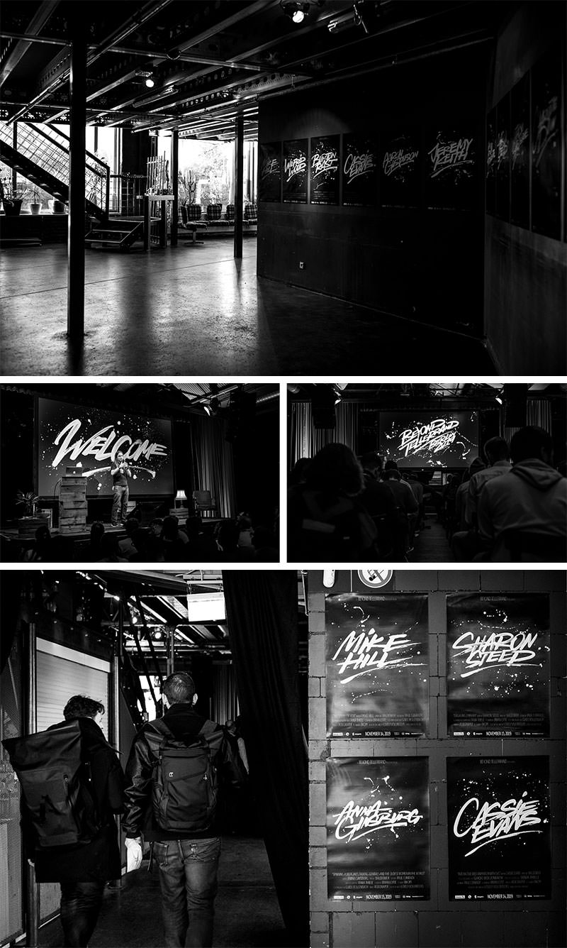 A collage of four photos showing the artwork by rob draper in several situations. On stage and in the entrance area on posters