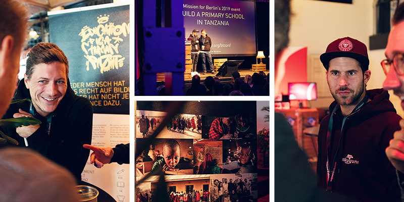 A collage of four photos showing Andi on the right, Jan on the left and both on stage in the middle. They are the founders of Makuyuni.org.