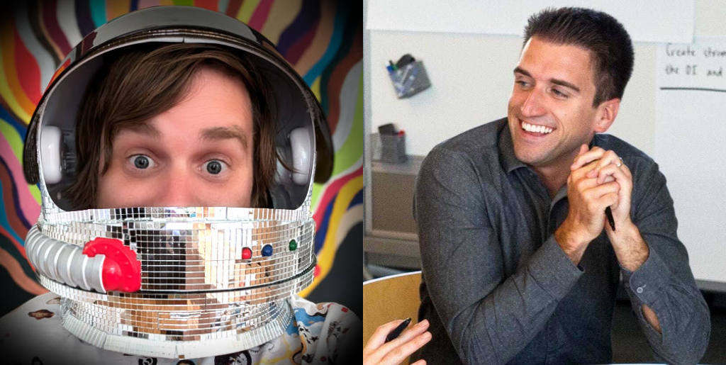 A photo collage showing Brad and Ian Frost. Brad is wearing a space helmet and Ian is looking to the left, smiling.