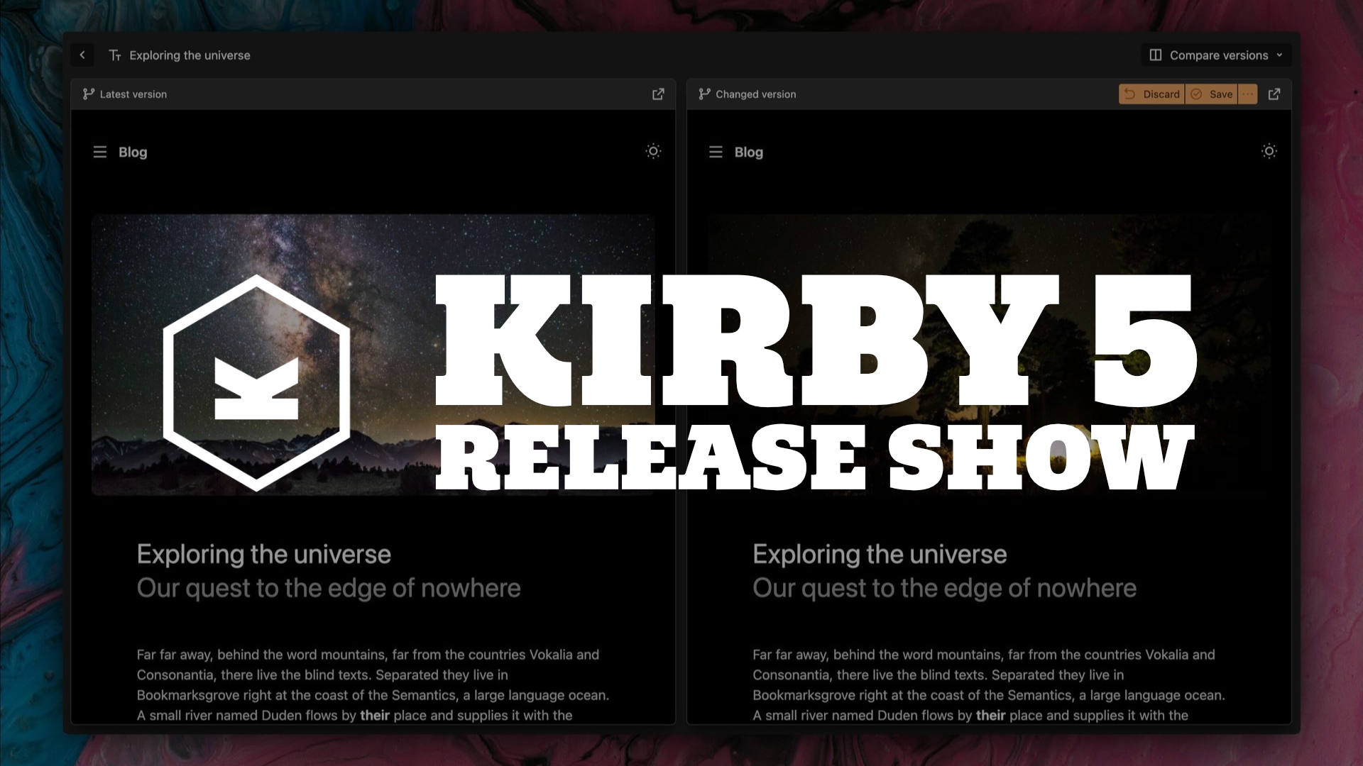 Thumbnail of the livestream showing a screenshot of the new Kirby 5 panel in dark mode and the title overlaying the image stating “Kirby 5 Release Show”.